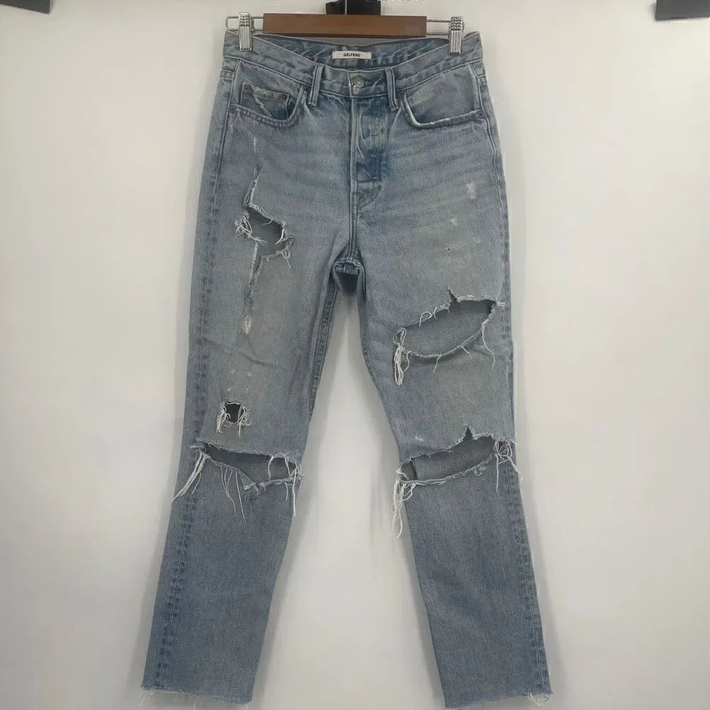 Grlfrnd Women's Karolina Heavily Distressed High Rise Tapered Blue Jeans Size 27